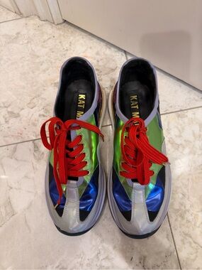 Kat Maconie Women’s Iridescent Green & Blue Sneakers with Red Laces